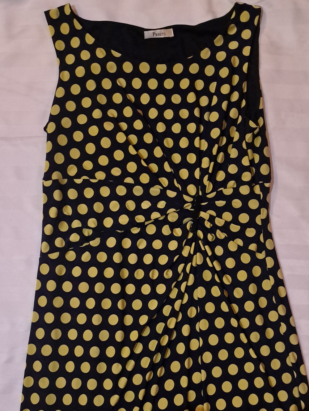 PRETTS Midnight Blue Midi Dress with Yellow Polka Dots and Twist Front